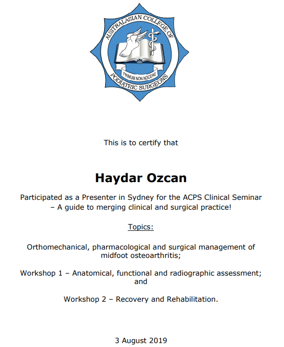 Dr. Haydar Ozcan Certificate